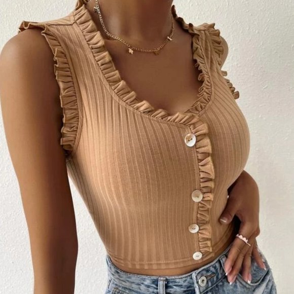 Khaki Brown Ribbed ButtonTank Top in XL - Picture 3 of 3